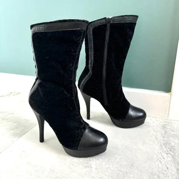 BLACK VELVET leather tall ankle boots floral burnout platform booties stilettos