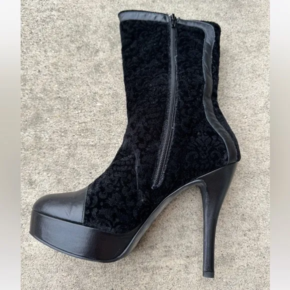 BLACK VELVET leather tall ankle boots floral burnout platform booties stilettos
