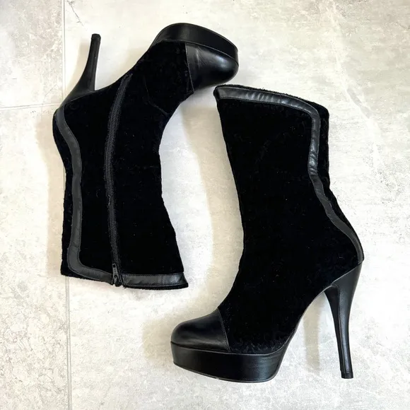 BLACK VELVET leather tall ankle boots floral burnout platform booties stilettos