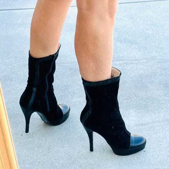 BLACK VELVET leather tall ankle boots floral burnout platform booties stilettos