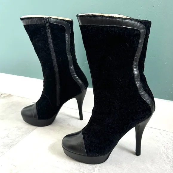 BLACK VELVET leather tall ankle boots floral burnout platform booties stilettos