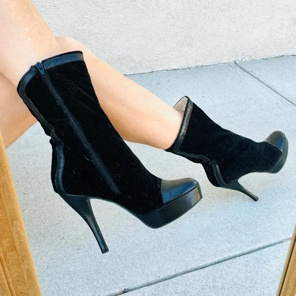 BLACK VELVET leather tall ankle boots floral burnout platform booties stilettos
