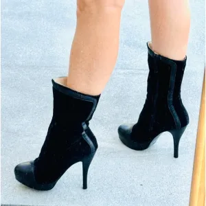 BLACK VELVET leather tall ankle boots floral burnout platform booties stilettos