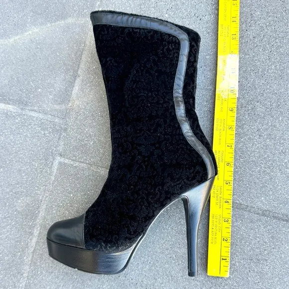 BLACK VELVET leather tall ankle boots floral burnout platform booties stilettos