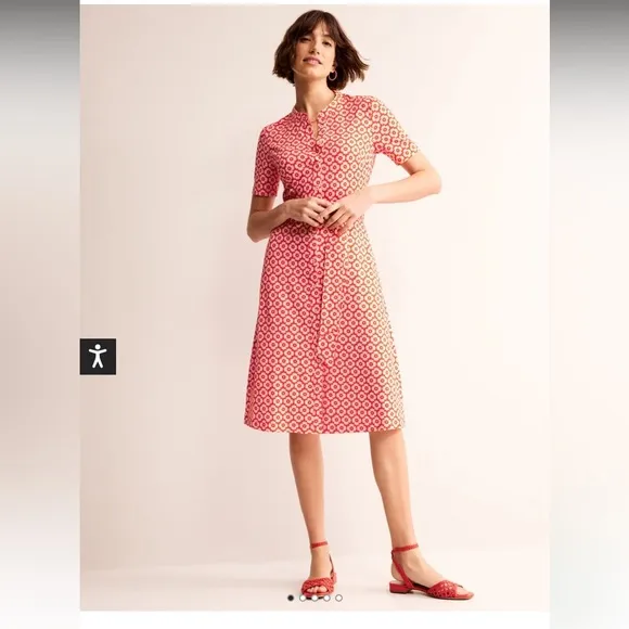 Boden Julia Short Sleeve Shirt Dress Flame Scarlet, Primrose Stamp 8P NWT