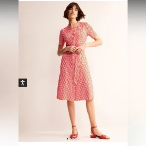 Boden Julia Short Sleeve Shirt Dress Flame Scarlet, Primrose Stamp 8P NWT