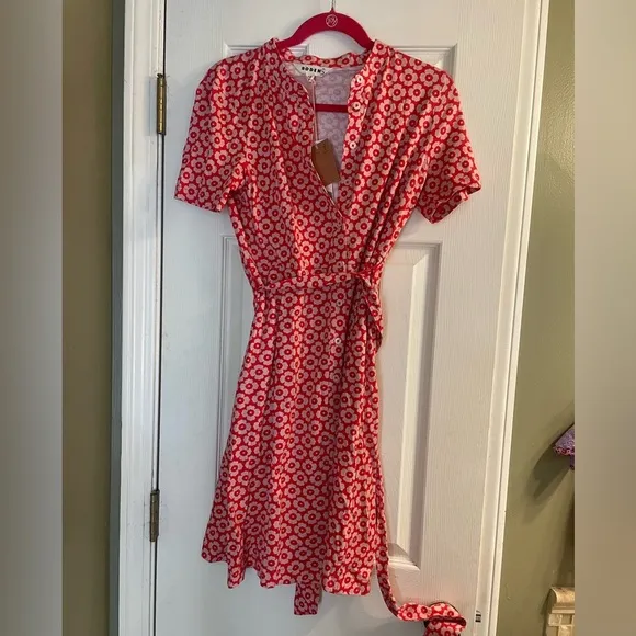 Boden Julia Short Sleeve Shirt Dress Flame Scarlet, Primrose Stamp 8P NWT