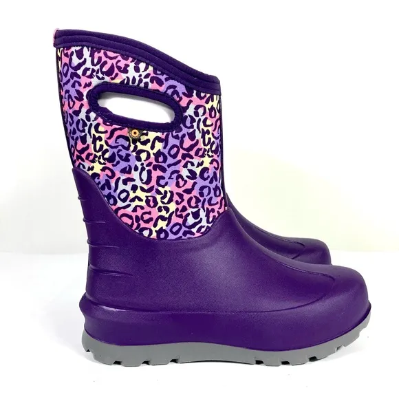 Bogs Girls Neo Classic Leopard Insulated Rain Boots Purple Multi Size 6 US 39 EU
