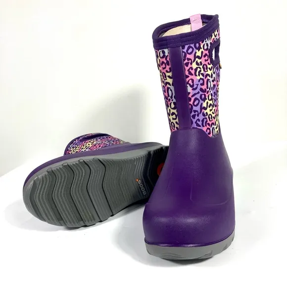 Bogs Girls Neo Classic Leopard Insulated Rain Boots Purple Multi Size 6 US 39 EU
