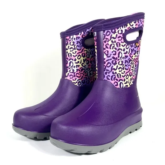 Bogs Girls Neo Classic Leopard Insulated Rain Boots Purple Multi Size 6 US 39 EU