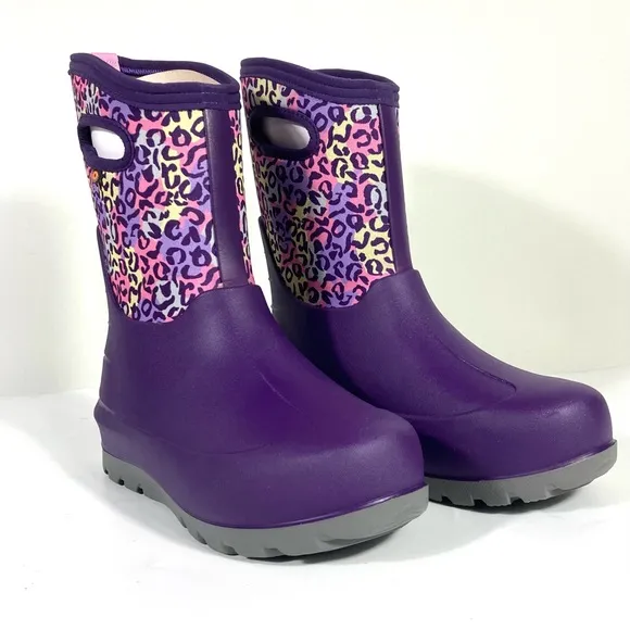 Bogs Girls Neo Classic Leopard Insulated Rain Boots Purple Multi Size 6 US 39 EU