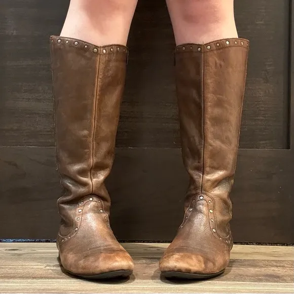 BORN Cognac Brown Leather Lizzie Western Studded Tall Knee High Riding Boots