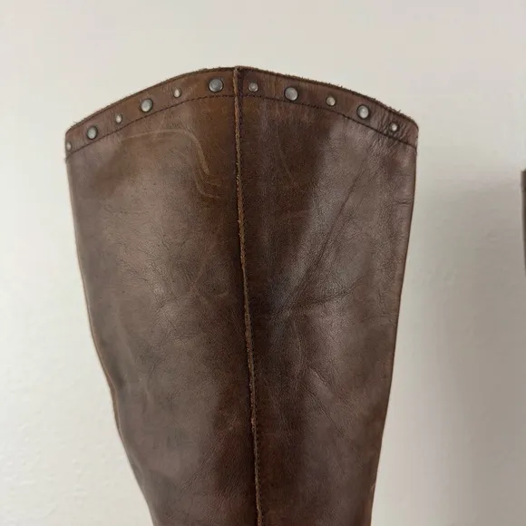 BORN Cognac Brown Leather Lizzie Western Studded Tall Knee High Riding Boots