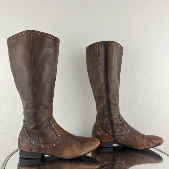 BORN Cognac Brown Leather Lizzie Western Studded Tall Knee High Riding Boots