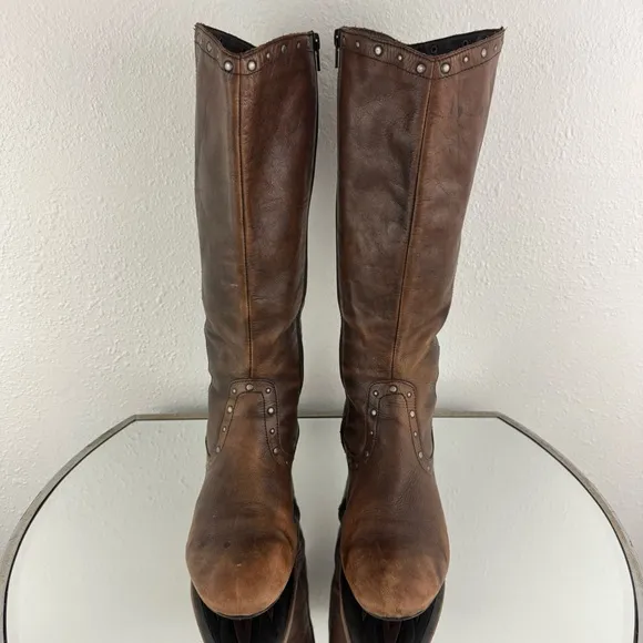 BORN Cognac Brown Leather Lizzie Western Studded Tall Knee High Riding Boots