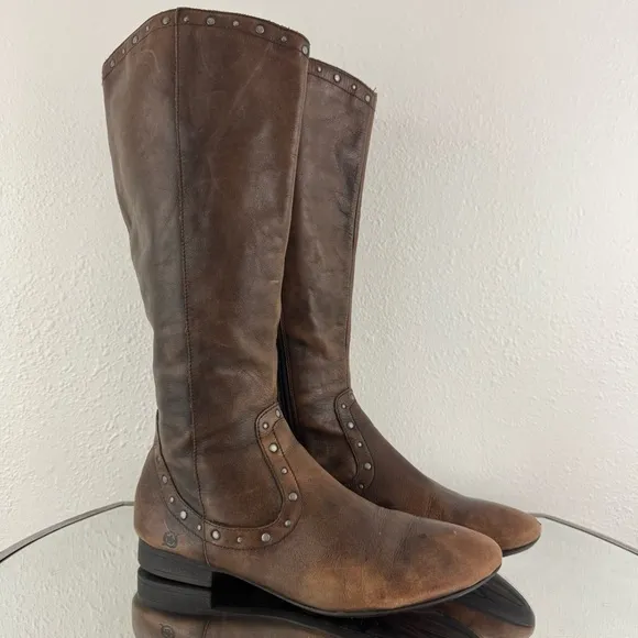 BORN Cognac Brown Leather Lizzie Western Studded Tall Knee High Riding Boots
