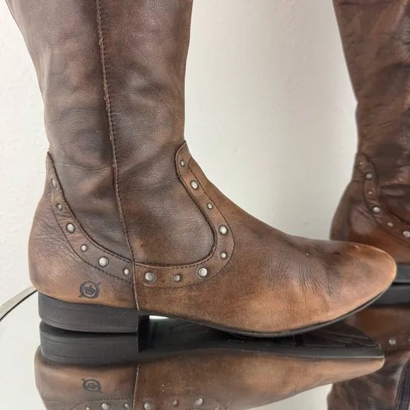 BORN Cognac Brown Leather Lizzie Western Studded Tall Knee High Riding Boots