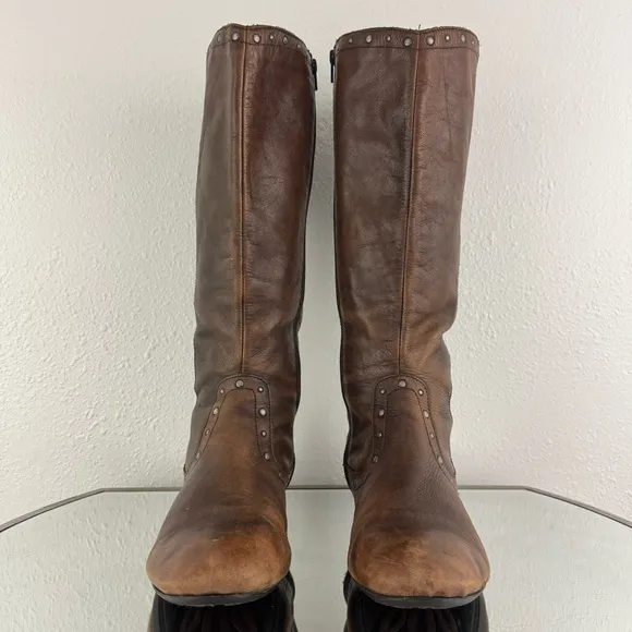 BORN Cognac Brown Leather Lizzie Western Studded Tall Knee High Riding Boots