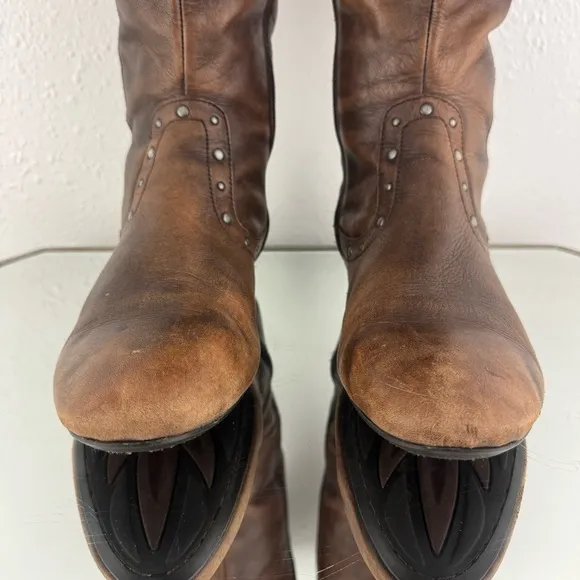 BORN Cognac Brown Leather Lizzie Western Studded Tall Knee High Riding Boots