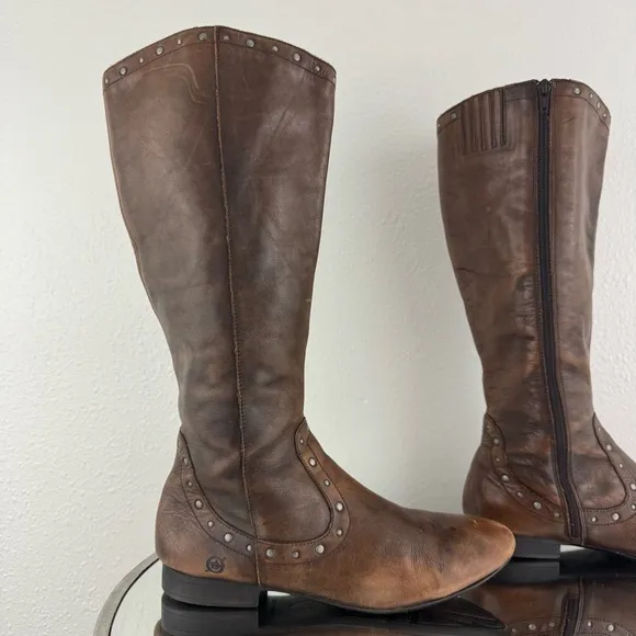 BORN Cognac Brown Leather Lizzie Western Studded Tall Knee High Riding Boots