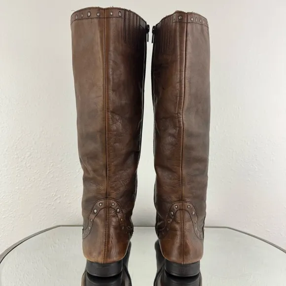 BORN Cognac Brown Leather Lizzie Western Studded Tall Knee High Riding Boots