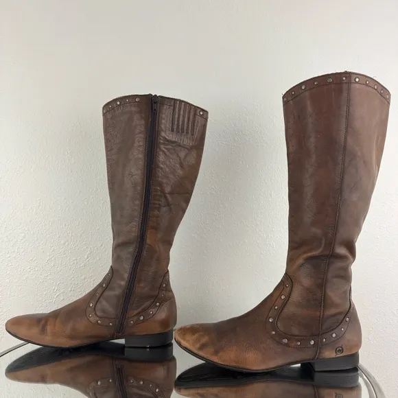 BORN Cognac Brown Leather Lizzie Western Studded Tall Knee High Riding Boots