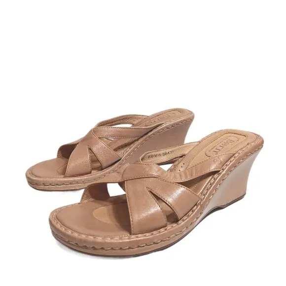 Born Sandals Womens 8 Tan Leather Slip On Comfort Wedge Mule Sandals