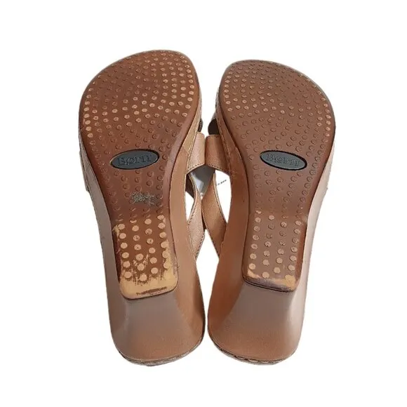 Born Sandals Womens 8 Tan Leather Slip On Comfort Wedge Mule Sandals