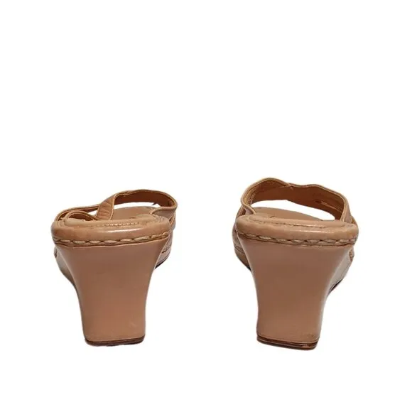 Born Sandals Womens 8 Tan Leather Slip On Comfort Wedge Mule Sandals