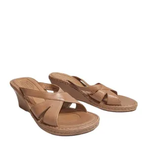 Born Sandals Womens 8 Tan Leather Slip On Comfort Wedge Mule Sandals
