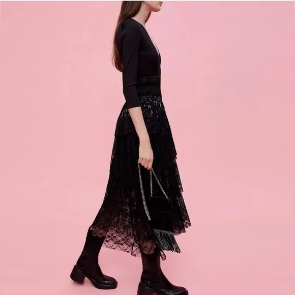 Brand New Maje Revillete Black Jersey And Lace Dress, size 36, $595!