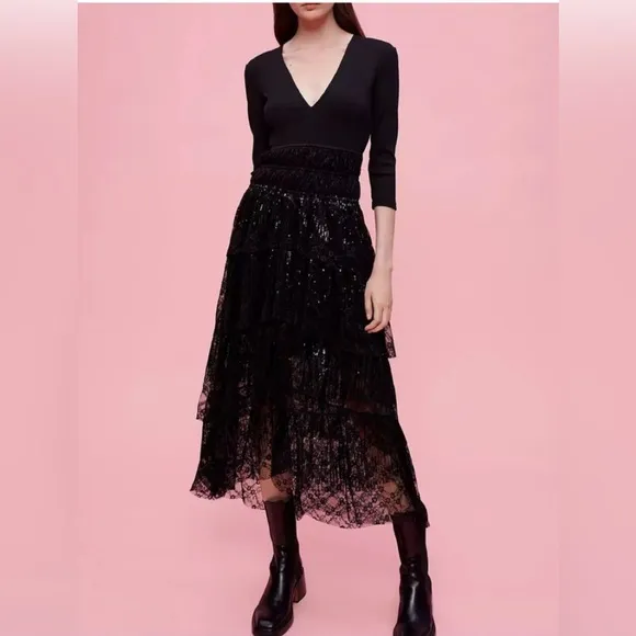 Brand New Maje Revillete Black Jersey And Lace Dress, size 36, $595!