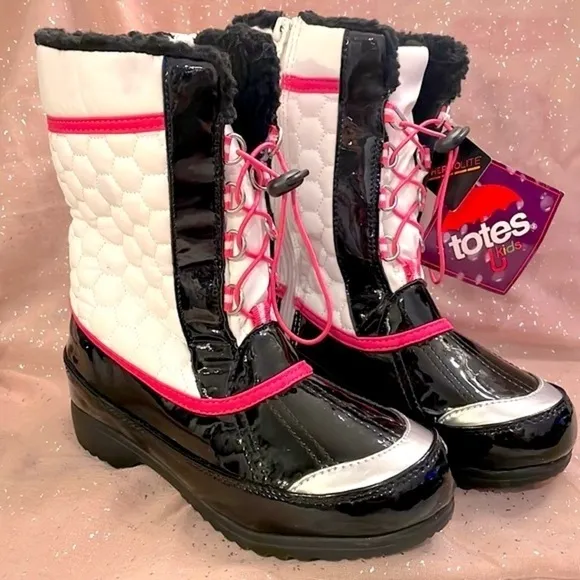 Brand New Totes Girls Cold Weather Boots Zippered Black White Pink Warm Winter