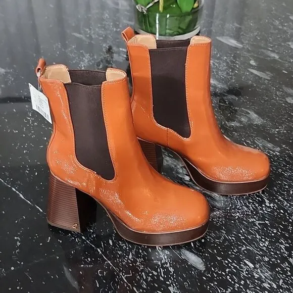 BRAND NEW CIRCUS BY SAM EDELMAN WOMEN'S BROWN  PATENT BLOCK HEEL ANKLE BOOTS