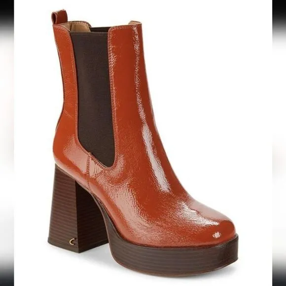 BRAND NEW CIRCUS BY SAM EDELMAN WOMEN'S BROWN  PATENT BLOCK HEEL ANKLE BOOTS