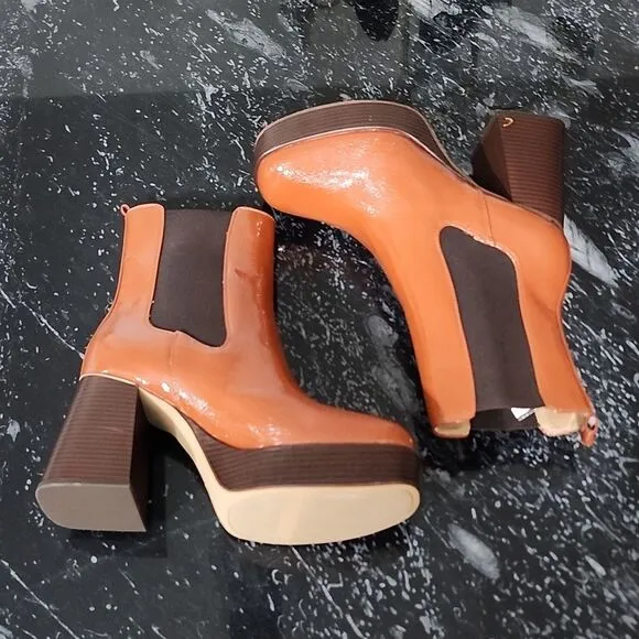 BRAND NEW CIRCUS BY SAM EDELMAN WOMEN'S BROWN  PATENT BLOCK HEEL ANKLE BOOTS