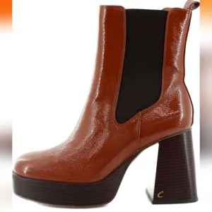 BRAND NEW CIRCUS BY SAM EDELMAN WOMEN'S BROWN  PATENT BLOCK HEEL ANKLE BOOTS