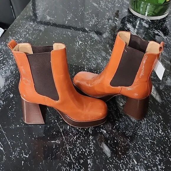 BRAND NEW CIRCUS BY SAM EDELMAN WOMEN'S BROWN  PATENT BLOCK HEEL ANKLE BOOTS
