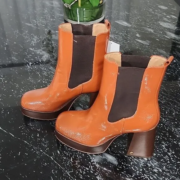 BRAND NEW CIRCUS BY SAM EDELMAN WOMEN'S BROWN  PATENT BLOCK HEEL ANKLE BOOTS
