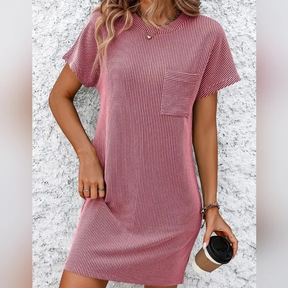 Breezy Ribbed Tee Dress - Rose