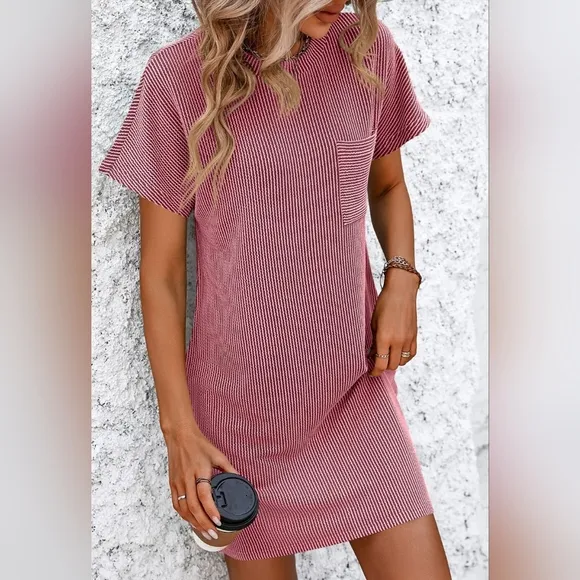 Breezy Ribbed Tee Dress - Rose