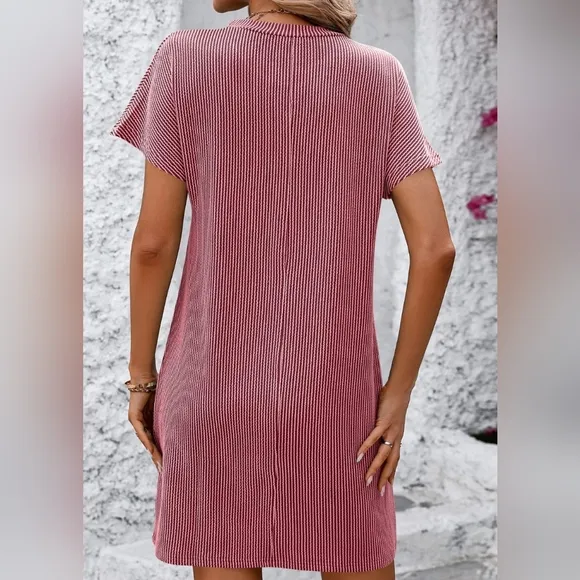 Breezy Ribbed Tee Dress - Rose