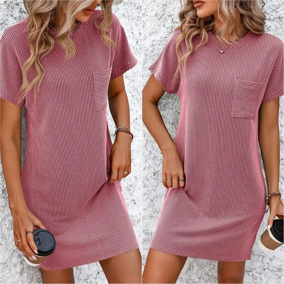 Breezy Ribbed Tee Dress - Rose