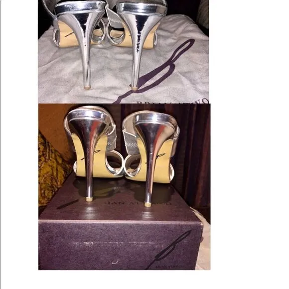 Brian Atwood Pippa Silver Metallic Mule Slide-on Heel Sandals BNWT