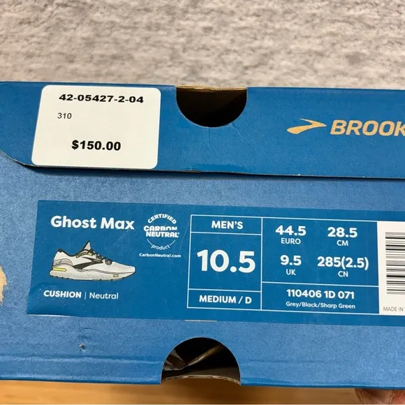 Brooks Ghost Max Men's Running Shoes, Grey/Black Sharp Green NEW, Size 10.5