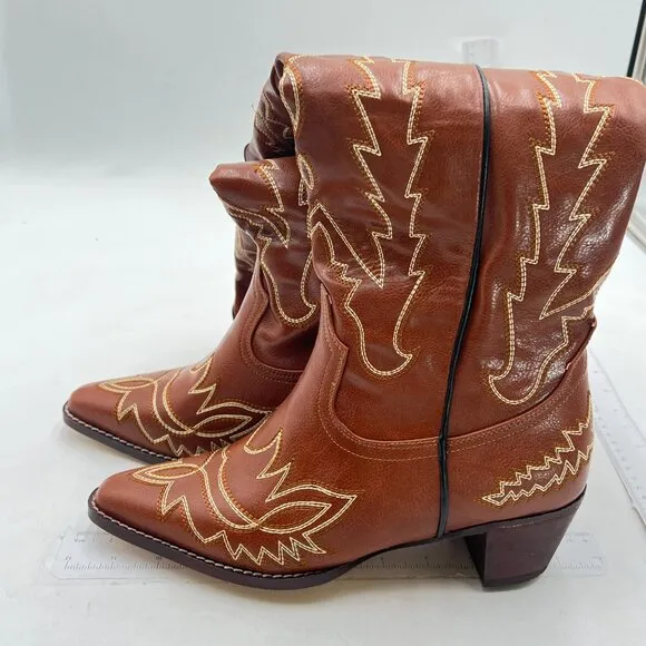 Brown Cowboy Boot Western Boots Cowgirl Boots Pull On Pointy Toe Mid Calf Boots