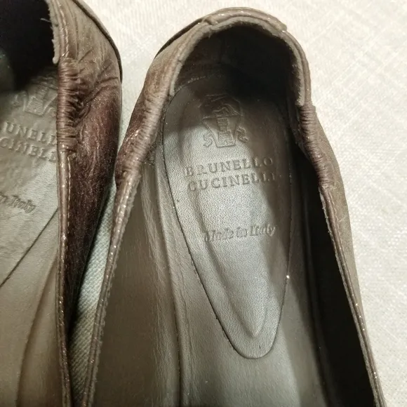 Brunelleschi Cucinelli Brown Glitter Shimmer Tassel Loafers Elastic Back‎ 38 8