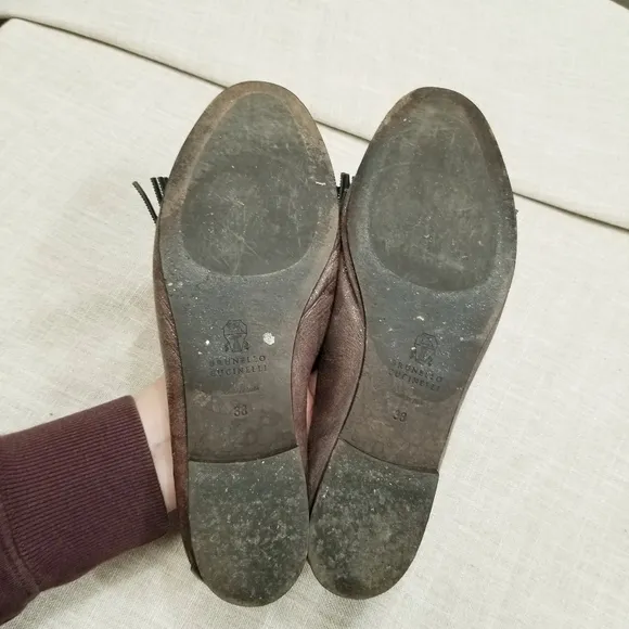 Brunelleschi Cucinelli Brown Glitter Shimmer Tassel Loafers Elastic Back‎ 38 8