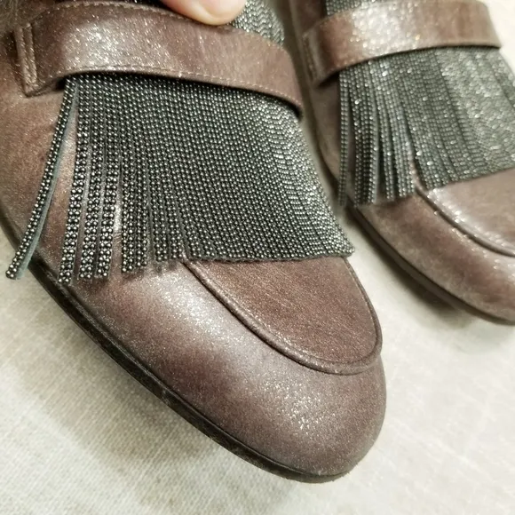 Brunelleschi Cucinelli Brown Glitter Shimmer Tassel Loafers Elastic Back‎ 38 8