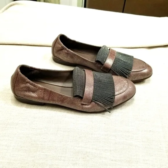 Brunelleschi Cucinelli Brown Glitter Shimmer Tassel Loafers Elastic Back‎ 38 8